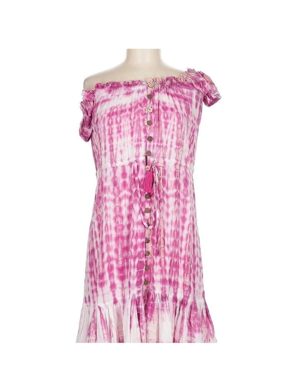 Pink and White Ruffled Off-the-Shoulder Mini Sundress